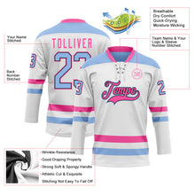 Load image into Gallery viewer, Custom White Light Blue Black-Pink Hockey Lace Neck Jersey