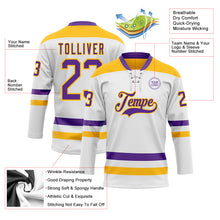 Charger l'image dans la galerie, Custom White Purple-Gold Hockey Lace Neck Jersey