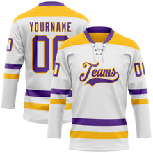 Charger l'image dans la galerie, Custom White Purple-Gold Hockey Lace Neck Jersey