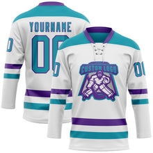 Charger l'image dans la galerie, Custom White Teal-Purple Hockey Lace Neck Jersey