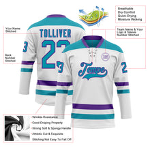 Charger l'image dans la galerie, Custom White Teal-Purple Hockey Lace Neck Jersey