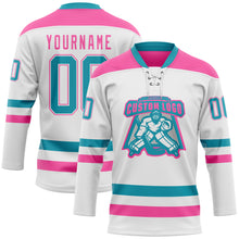 Charger l'image dans la galerie, Custom White Teal-Pink Hockey Lace Neck Jersey