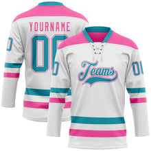 Charger l'image dans la galerie, Custom White Teal-Pink Hockey Lace Neck Jersey