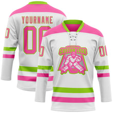 Charger l'image dans la galerie, Custom White Pink-Neon Green Hockey Lace Neck Jersey