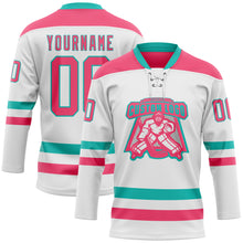 Charger l'image dans la galerie, Custom White Neon Pink-Aqua Hockey Lace Neck Jersey