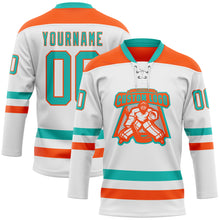 Charger l'image dans la galerie, Custom White Aqua-Orange Hockey Lace Neck Jersey