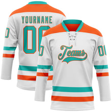 Charger l'image dans la galerie, Custom White Aqua-Orange Hockey Lace Neck Jersey