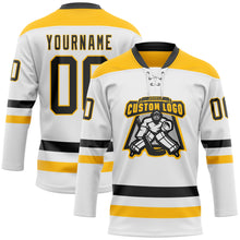 Charger l'image dans la galerie, Custom White Black-Gold Hockey Lace Neck Jersey