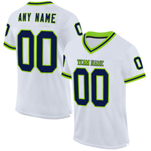 Загрузить изображение в средство просмотра галереи, Custom White Navy-Neon Green Mesh Authentic Throwback Football Jersey