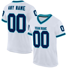 Load image into Gallery viewer, Custom White Navy-Teal Mesh Authentic Throwback Football Jersey