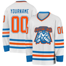 Load image into Gallery viewer, Custom White Orange-Blue Hockey Jersey