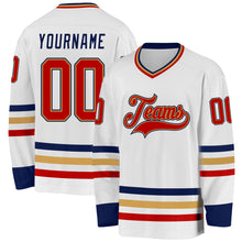 Load image into Gallery viewer, Custom White Red Old Gold-Navy Hockey Jersey