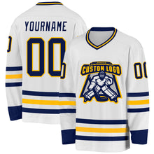 Load image into Gallery viewer, Custom White Navy-Gold Hockey Jersey