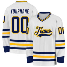 Load image into Gallery viewer, Custom White Navy-Gold Hockey Jersey