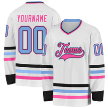 Load image into Gallery viewer, Custom White Light Blue Black-Pink Hockey Jersey