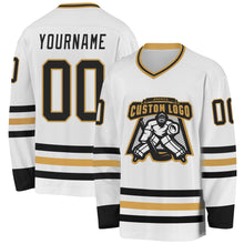 Load image into Gallery viewer, Custom White Black-Old Gold Hockey Jersey