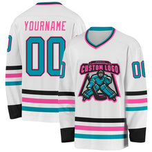 Load image into Gallery viewer, Custom White Teal Black-Pink Hockey Jersey