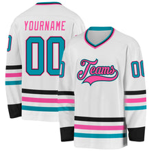 Load image into Gallery viewer, Custom White Teal Black-Pink Hockey Jersey
