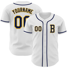 Laden Sie das Bild in den Galerie-Viewer, Custom White Navy-Gold Authentic Baseball Jersey