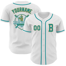 Загрузить изображение в средство просмотра галереи, Custom White Teal-Old Gold Authentic Baseball Jersey