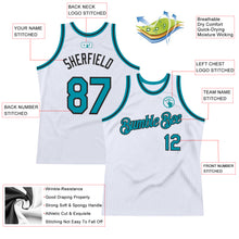Laden Sie das Bild in den Galerie-Viewer, Custom White Teal-Black Authentic Throwback Basketball Jersey