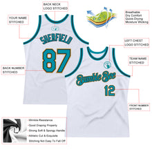 Загрузить изображение в средство просмотра галереи, Custom White Teal Black-Old Gold Authentic Throwback Basketball Jersey