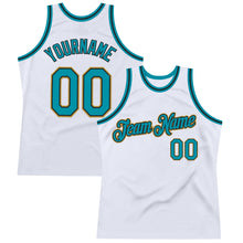 Загрузить изображение в средство просмотра галереи, Custom White Teal Black-Old Gold Authentic Throwback Basketball Jersey