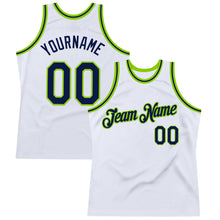 Загрузить изображение в средство просмотра галереи, Custom White Navy-Neon Green Authentic Throwback Basketball Jersey