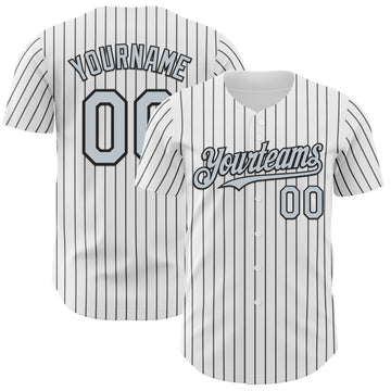 Custom White Black Pinstripe Silver Authentic Baseball Jersey
