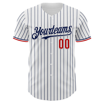 Custom White Navy Pinstripe Red Authentic Baseball Jersey