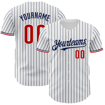 Custom White Navy Pinstripe Red Authentic Baseball Jersey