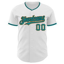 Load image into Gallery viewer, Custom White Teal Black-Old Gold Authentic Baseball Jersey