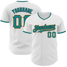 Load image into Gallery viewer, Custom White Teal Black-Old Gold Authentic Baseball Jersey