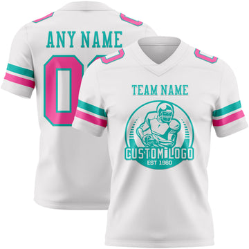 Custom White Pink-Aqua Authentic Football Jersey
