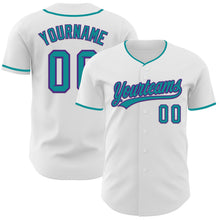Load image into Gallery viewer, Custom White Teal-Purple Authentic Baseball Jersey