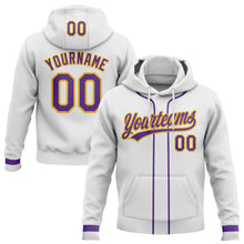 Load image into Gallery viewer, Custom Stitched White Purple-Gold Baseball Pullover Sweatshirt Hoodie