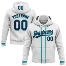 Load image into Gallery viewer, Custom Stitched White Navy-Teal Baseball Pullover Sweatshirt Hoodie