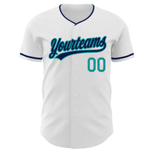 Load image into Gallery viewer, Custom White Navy-Teal Authentic Baseball Jersey