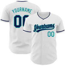 Load image into Gallery viewer, Custom White Navy-Teal Authentic Baseball Jersey