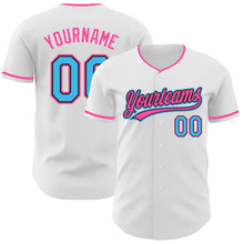 Laden Sie das Bild in den Galerie-Viewer, Custom White Sky Blue Black-Pink Authentic Baseball Jersey