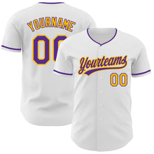 Load image into Gallery viewer, Custom White Purple-Gold Authentic Baseball Jersey