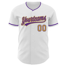 Load image into Gallery viewer, Custom White Purple-Old Gold Authentic Baseball Jersey