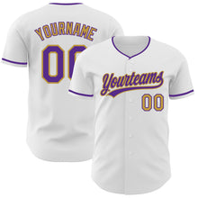 Load image into Gallery viewer, Custom White Purple-Old Gold Authentic Baseball Jersey