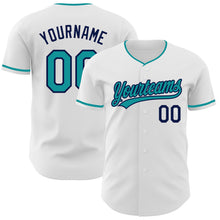 Load image into Gallery viewer, Custom White Teal-Navy Authentic Baseball Jersey
