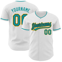 Load image into Gallery viewer, Custom White Teal Black-Yellow Authentic Baseball Jersey