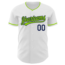 Load image into Gallery viewer, Custom White Neon Green-Navy Authentic Baseball Jersey