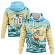 Load image into Gallery viewer, Custom Stitched Light Blue White Kelly Green-Gold 3D Tropical Christmas Surfing Santa Sports Pullover Sweatshirt Hoodie