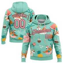 Загрузить изображение в средство просмотра галереи, Custom Stitched Aqua Medium Pink-Brown 3D Tropical Christmas Santas With Reindeers And Flamingos Sports Pullover Sweatshirt Hoodie