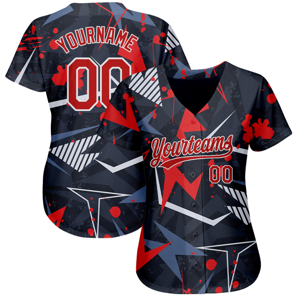 Custom Black Red-White 3D Pattern Design Authentic Baseball Jersey