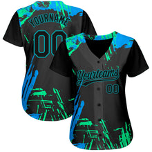 Load image into Gallery viewer, Custom Black Black Teal-Light Blue 3D Pattern Design Authentic Baseball Jersey
